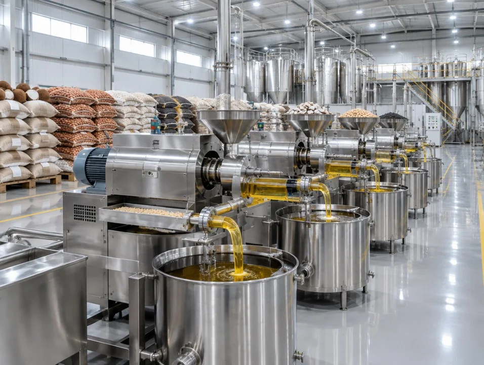 Large-scale stainless-steel cold-press facility processing coconut, groundnut and sesame oil