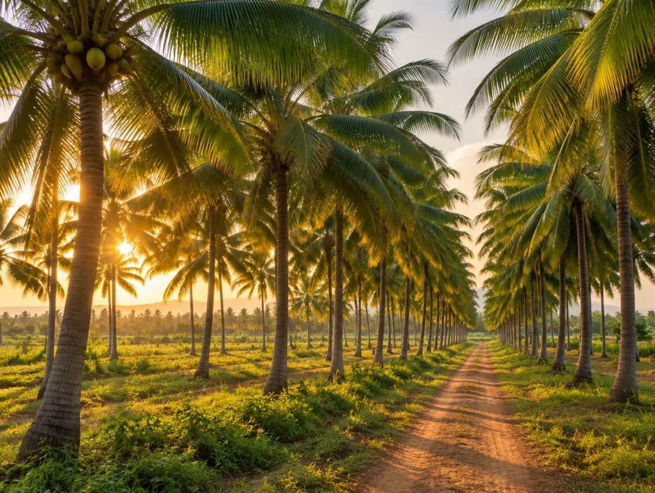 Coconut palm grove in South India at golden hour