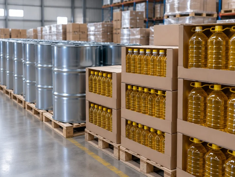 Drums and bottled edible oil staged for export in a warehouse